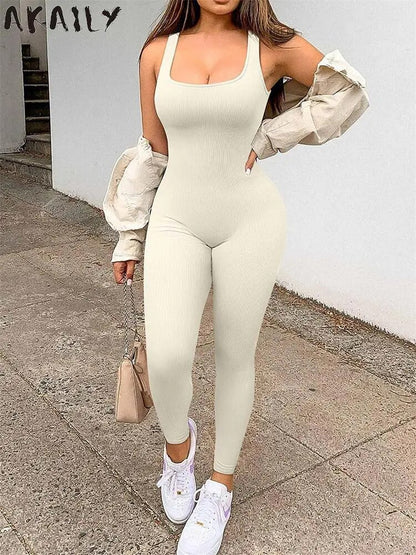 Akaily Summer Outfits Ribbed Jumpsuit For Women 2023 Tracksuit One Pieces Sleeveless Bodycon Jumpsuit Streetwear Black Jumpsuit