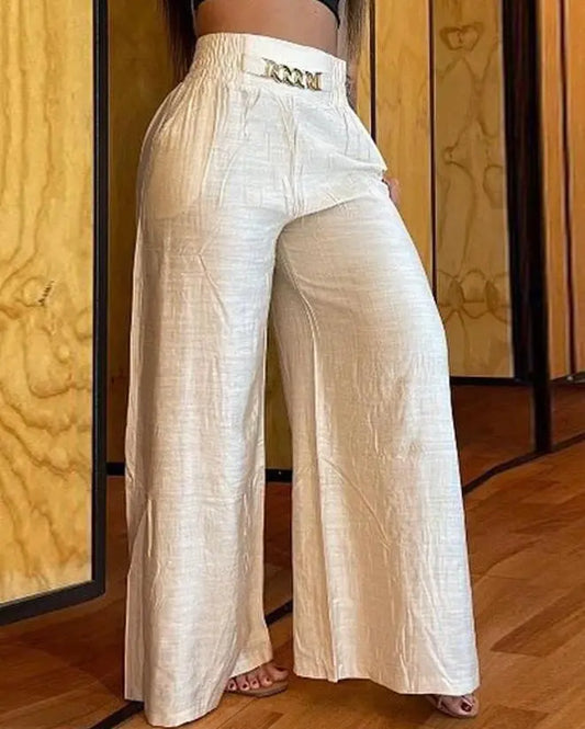 Casual Women High Waist Pants Chain Decor Europe & America Fashion Plain Pocket Design Daily Vacation Women's Wide Leg Trousers