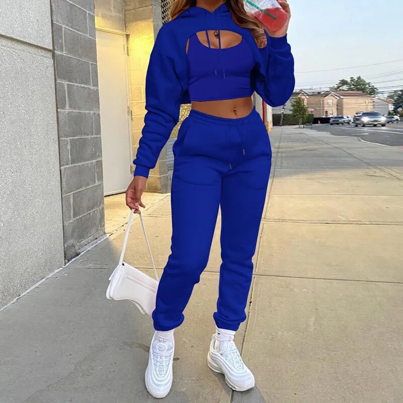 Autumn Fashion Ladies 3Pcs Sport Suit Women Casual Tracksuit Fleece Long Sleeve Pullover Top Hoodie+Tanks+Jogger Pants Outfit