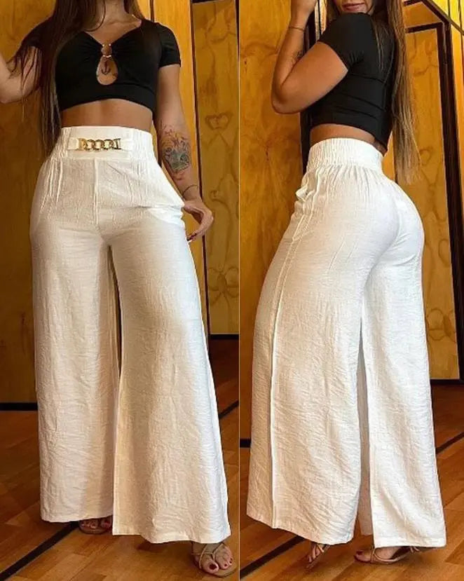 Casual Women High Waist Pants Chain Decor Europe & America Fashion Plain Pocket Design Daily Vacation Women's Wide Leg Trousers