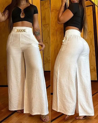 Casual Women High Waist Pants Chain Decor Europe & America Fashion Plain Pocket Design Daily Vacation Women's Wide Leg Trousers